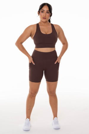 High Rise Coffee Pocket Midi Shorts