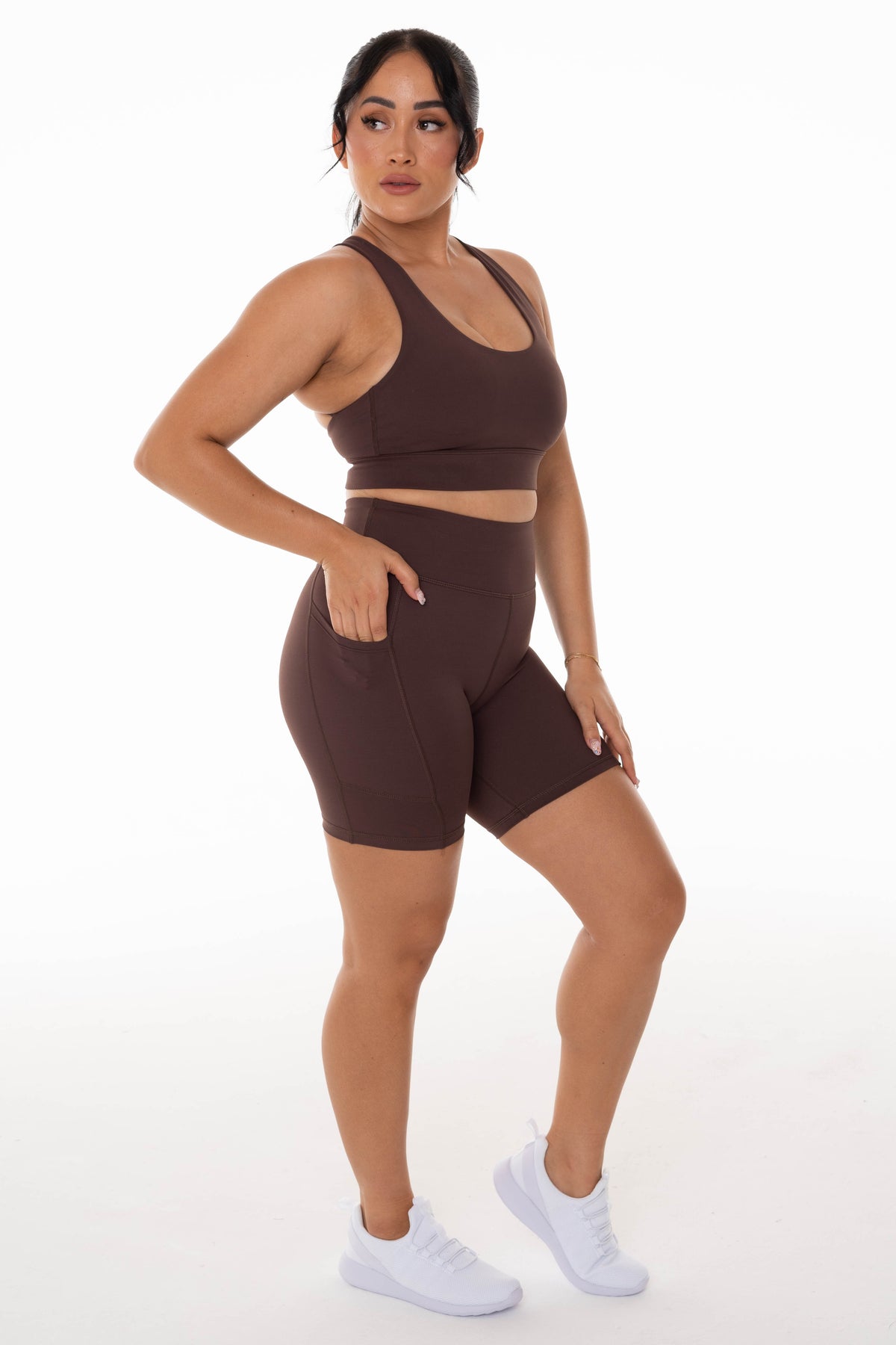 High Rise Coffee Pocket Midi Shorts