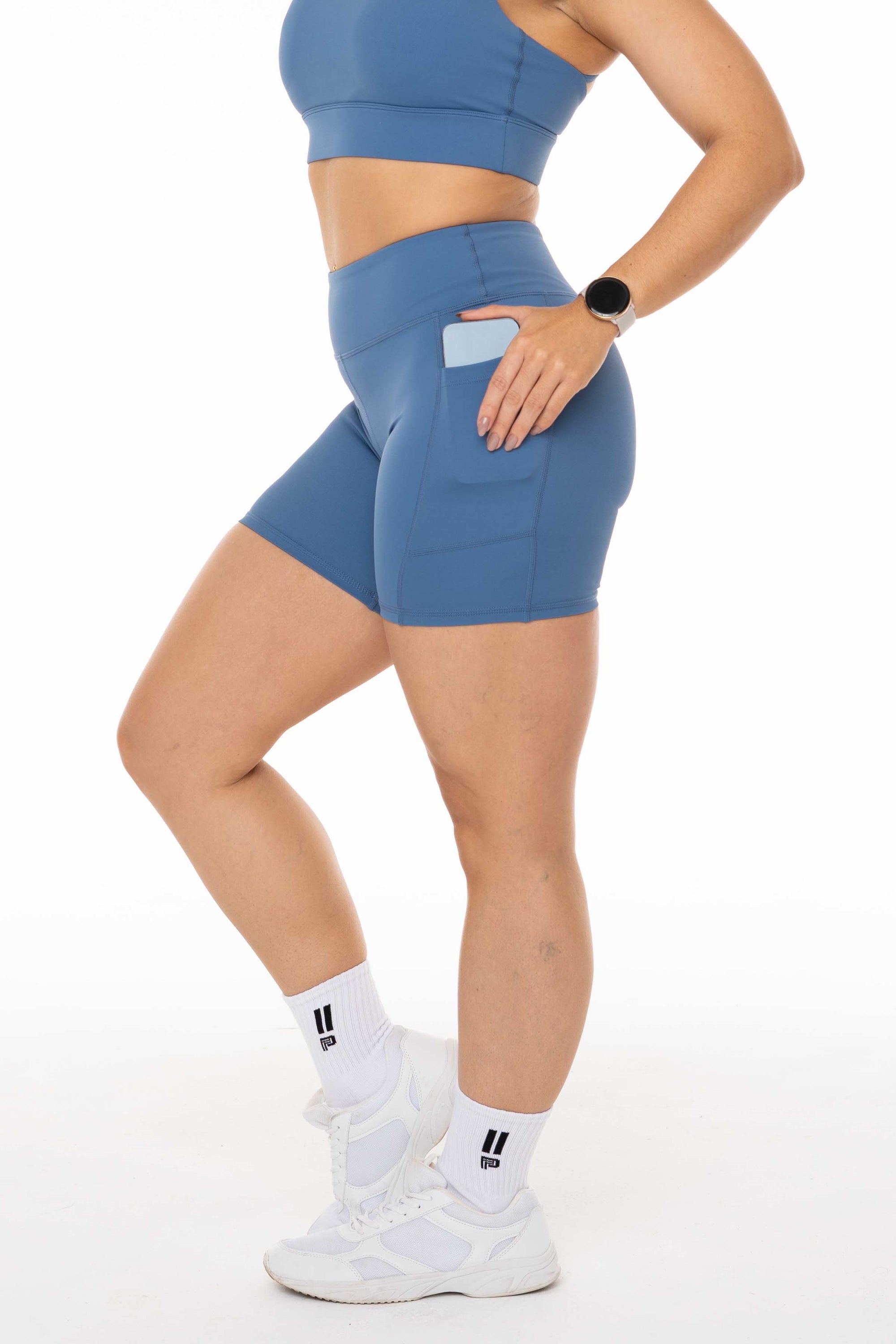 High Rise Queen Blue Pocket Midi Shorts