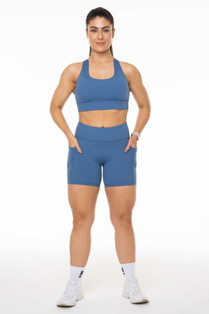 High Rise Queen Blue Pocket Midi Shorts